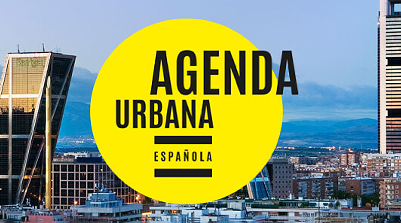 Agenda Urbana Española. Ciudad sostenible con edificios verdes y transporte público.